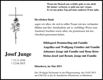 Traueranzeige von Josef Junge von Tageszeitung