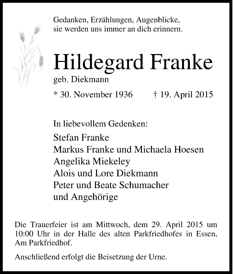  Traueranzeige für Hildegard Franke vom 25.04.2015 aus Tageszeitung