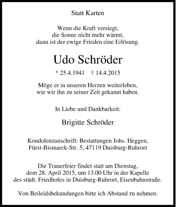 Traueranzeige von Udo Schröder von Tageszeitung