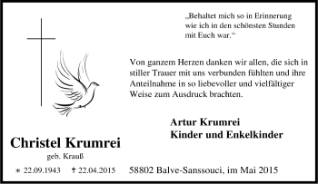Traueranzeige von Christel Krumrei von Tageszeitung