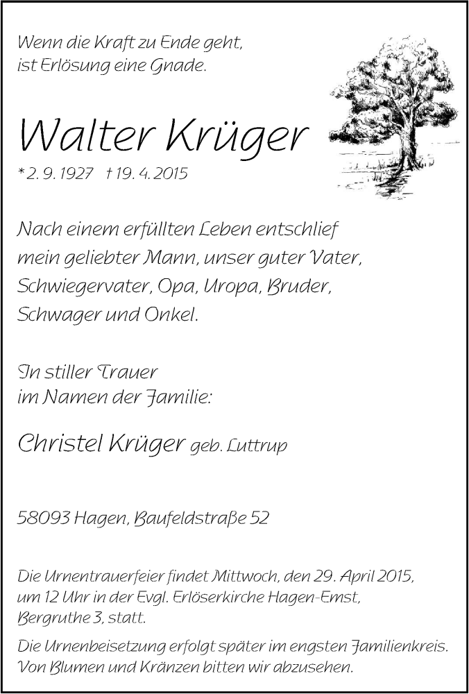  Traueranzeige für Walter Krüger vom 25.04.2015 aus Tageszeitung