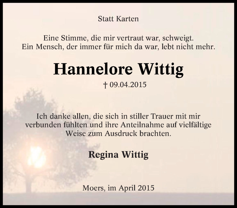  Traueranzeige für Hannelore Wittig vom 13.04.2015 aus Tageszeitung