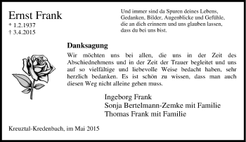Traueranzeige von Ernst Frank von Tageszeitung