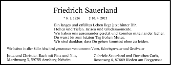 Traueranzeige von Friedrich Sauerland von Tageszeitung