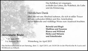 Traueranzeige von Annemarie Beule von Tageszeitung