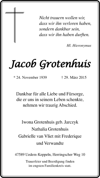 Traueranzeige von Jacob Grotenhuis von Tageszeitung
