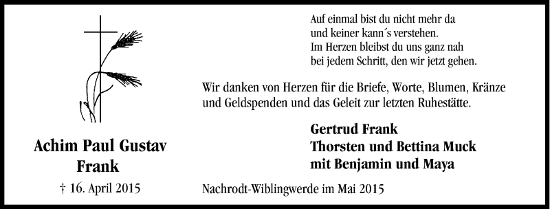  Traueranzeige für Achim Paul Gustav Frank vom 18.04.2015 aus Tageszeitung