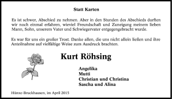 Traueranzeige von Kurt Röhsing von Tageszeitung