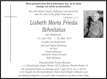 Traueranzeige von Lisbeth Maria Frieda Schnitzius von Tageszeitung