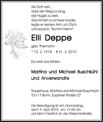 Traueranzeige von Elli Deppe von Tageszeitung