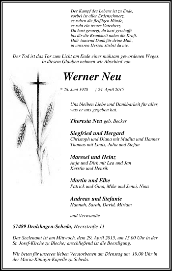 Traueranzeige von Werner Neu von Tageszeitung
