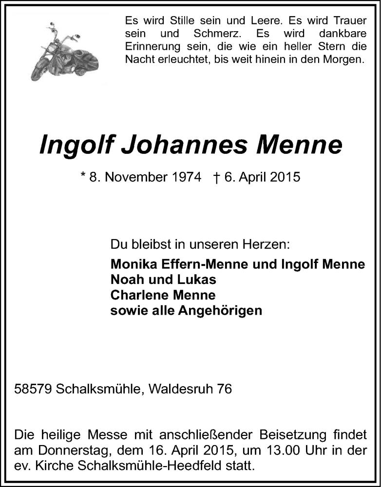  Traueranzeige für Ingolf Johannes Menne vom 11.04.2015 aus Tageszeitung