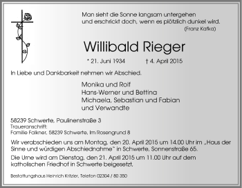 Traueranzeige von Willibald Rieger von Tageszeitung