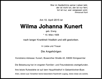 Traueranzeige von Wilma Johanna Kunert von Tageszeitung