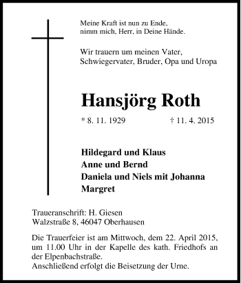 Traueranzeige von Hansjörg Roth von Tageszeitung