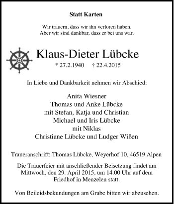Traueranzeige von Klaus-Dieter Lübcke von Tageszeitung
