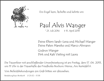 Traueranzeige von Paul Alvis Wanger von Tageszeitung