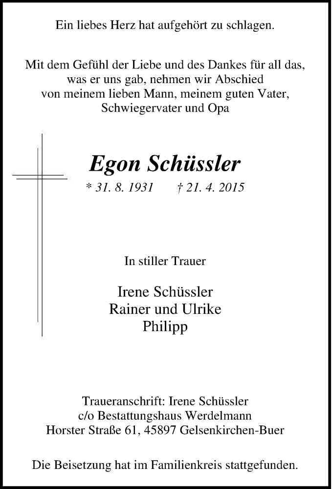  Traueranzeige für Egon Schüssler vom 29.04.2015 aus Tageszeitung