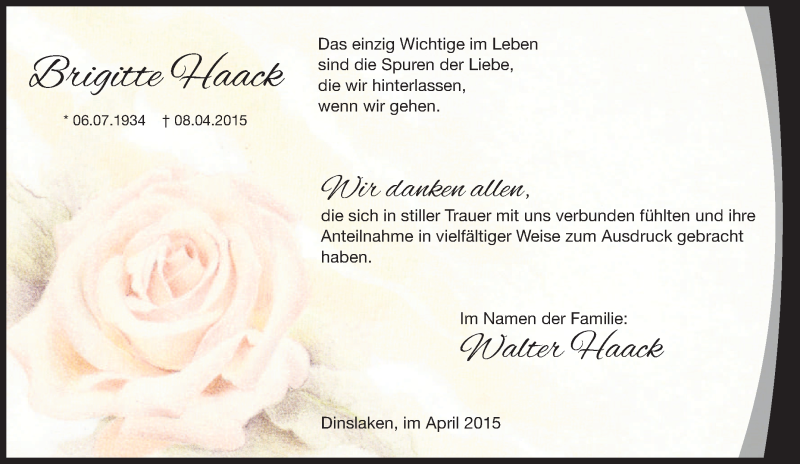  Traueranzeige für Brigitte Haack vom 22.04.2015 aus Tageszeitung