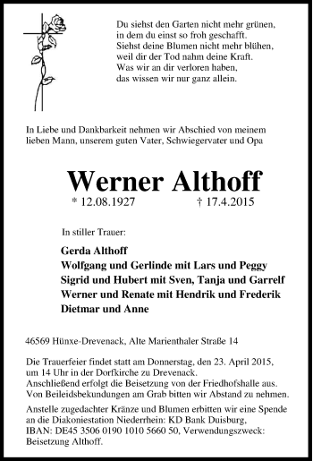Traueranzeige von Werner Althoff von Tageszeitung