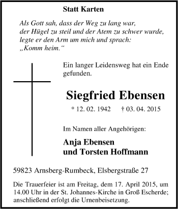 Traueranzeige von Siegfried Ebensen von Tageszeitung