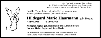 Traueranzeige von Hildegard Marie Haarmann  von Tageszeitung