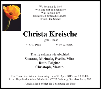 Traueranzeige von Christa Kreische von Tageszeitung