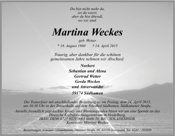 Traueranzeige von Martina Weckes von Tageszeitung