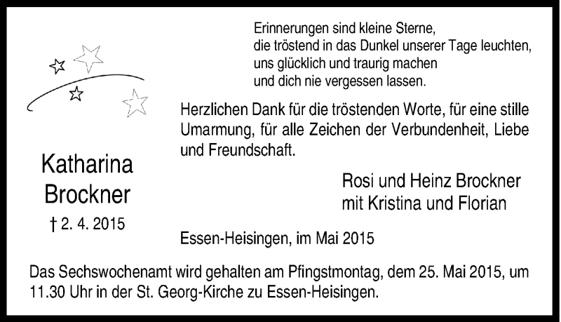  Traueranzeige für Katharina Brockner vom 04.04.2015 aus Tageszeitung