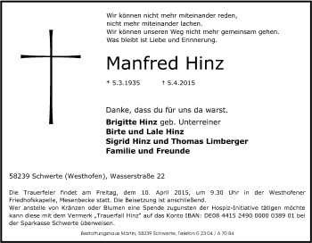 Traueranzeige von Manfred Hinz von Tageszeitung