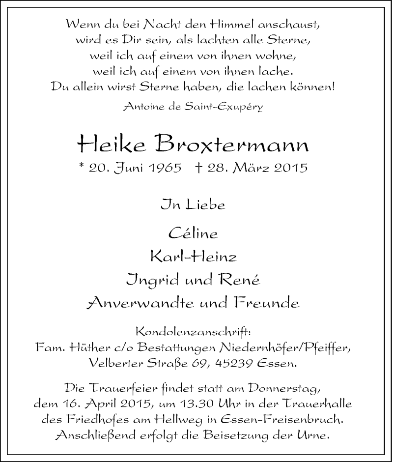  Traueranzeige für Heike Broxtermann vom 14.04.2015 aus Tageszeitung