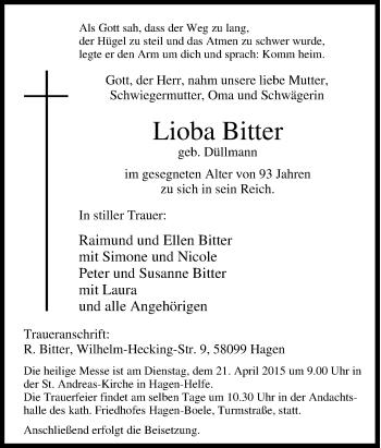 Traueranzeige von Lioba Bitter von Tageszeitung