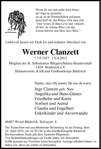 Traueranzeige von Werner Clanzett von Tageszeitung