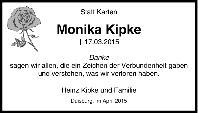  Traueranzeige für Monika Kipke vom 08.04.2015 aus Tageszeitung