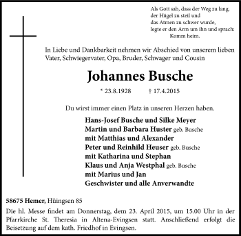 Traueranzeige von Johannes Busche von Tageszeitung