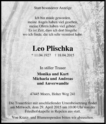 Traueranzeige von Leo Plischka von Tageszeitung