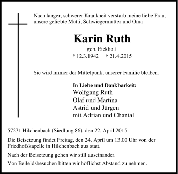Traueranzeige von Karin Ruth von Tageszeitung