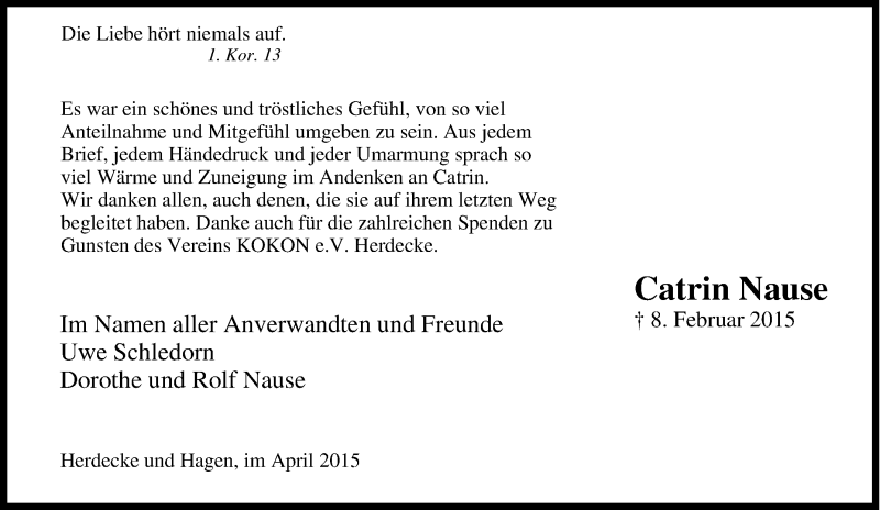  Traueranzeige für Catrin Nause vom 04.04.2015 aus Tageszeitung