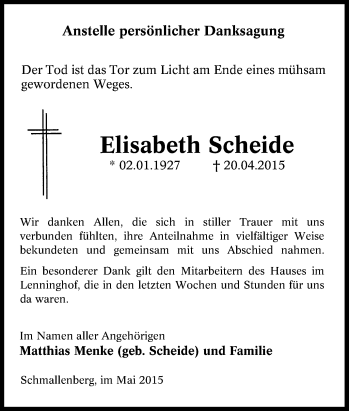 Traueranzeige von Elisabeth Scheide von Tageszeitung