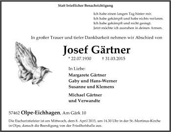 Traueranzeigen von Josef Gärtner TrauerinNRW.de