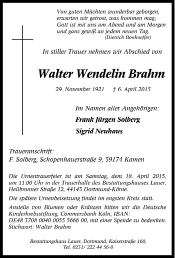 Traueranzeige von Walter Wendelin Brahm von Tageszeitung