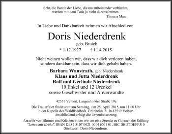 Traueranzeige von Doris Niederdrenk von Tageszeitung