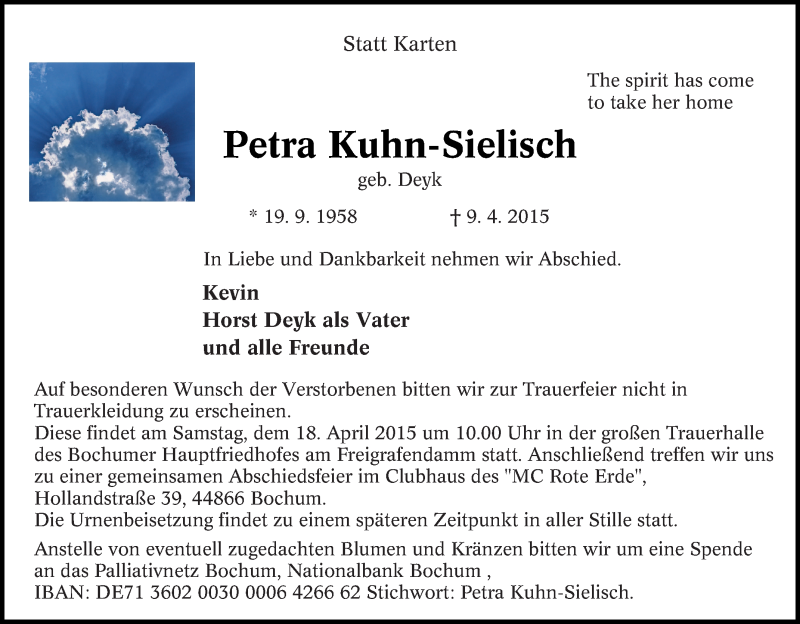  Traueranzeige für Petra Kuhn-Sielisch vom 16.04.2015 aus Tageszeitung