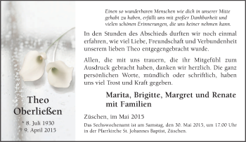 Traueranzeige von Theo Oberließen von Tageszeitung