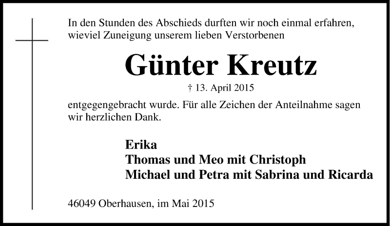  Traueranzeige für Günter Kreutz vom 15.04.2015 aus Tageszeitung