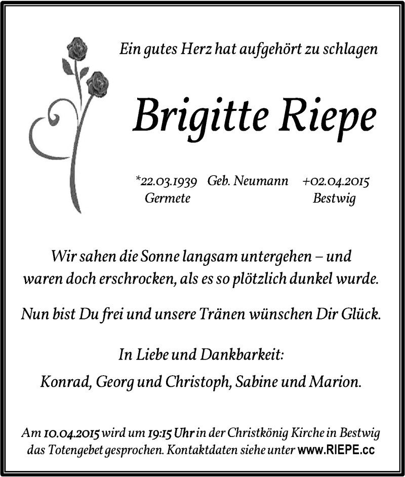  Traueranzeige für Brigitte Riepe vom 08.04.2015 aus Tageszeitung