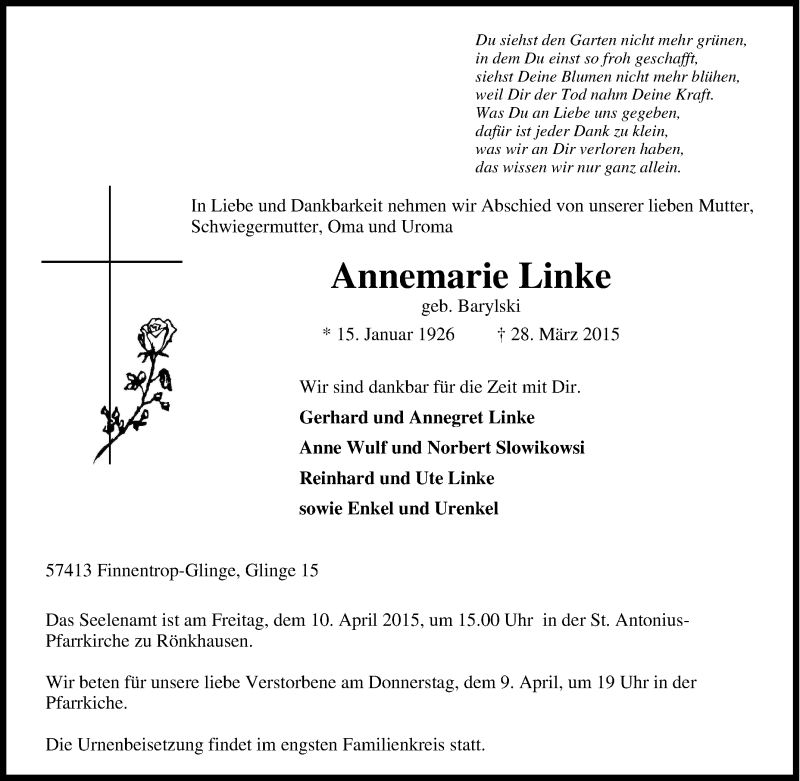  Traueranzeige für Annemarie Linke vom 07.04.2015 aus Tageszeitung