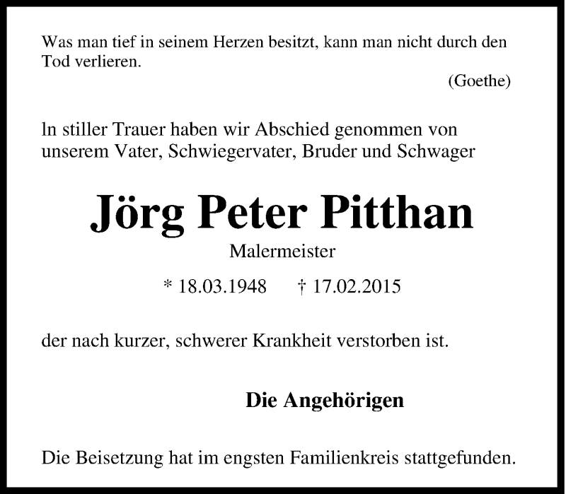  Traueranzeige für Jörg Peter Pitthan vom 04.04.2015 aus Tageszeitung