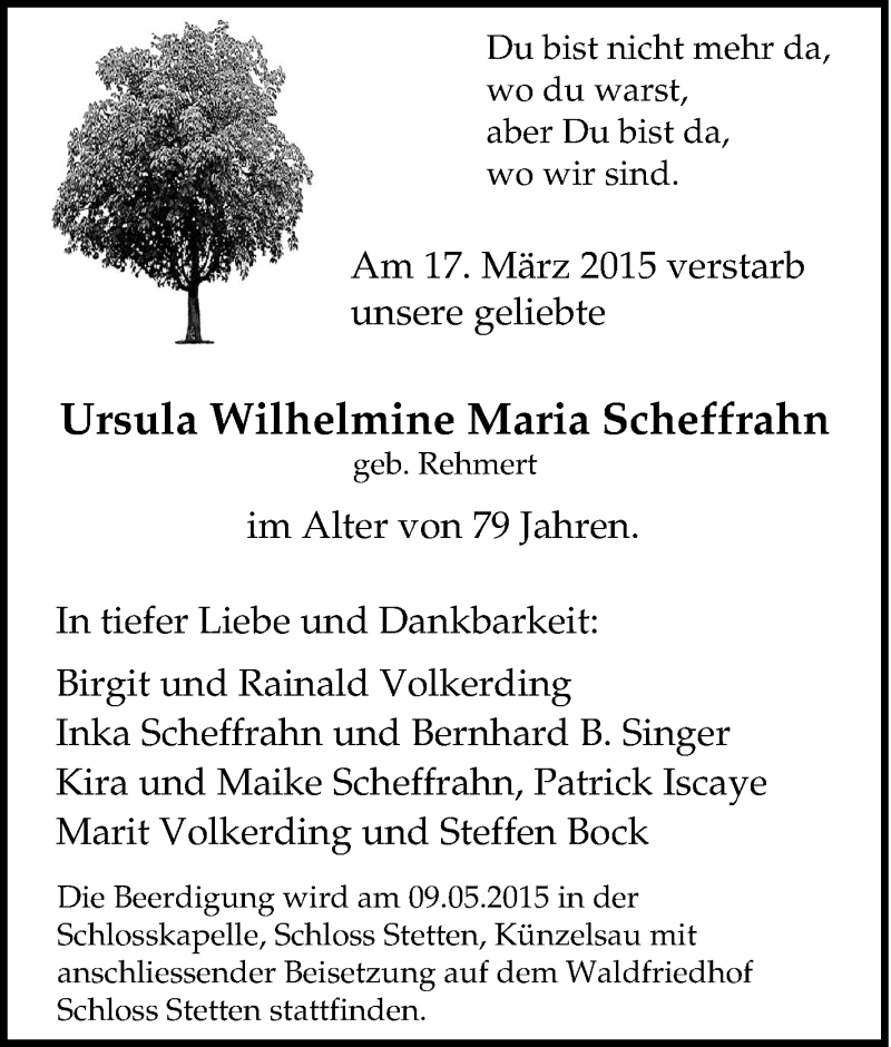  Traueranzeige für Ursula Wilhelmine Maria  Scheffrahn  vom 11.04.2015 aus Tageszeitung