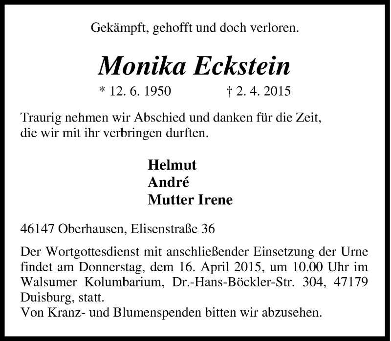  Traueranzeige für Monika Eckstein vom 14.04.2015 aus Tageszeitung